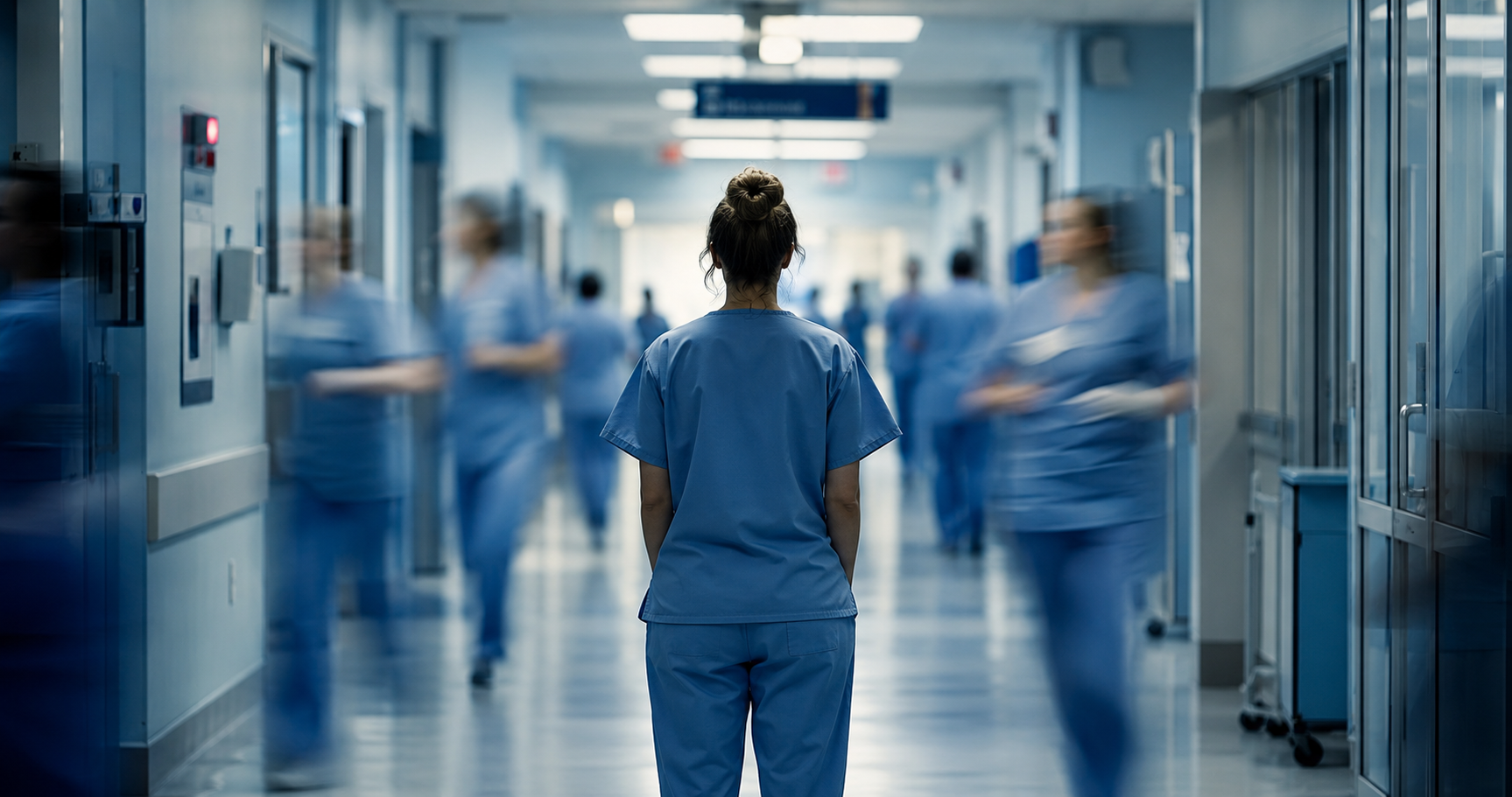 A healthcare worker stands in a hospital corridor while colleagues move around her